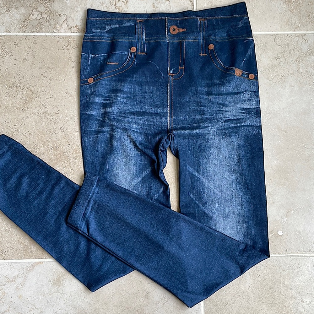 ORNELLA stretch JEGGING LEGGING PANT POLY l/xl distressed denim dark wash blue